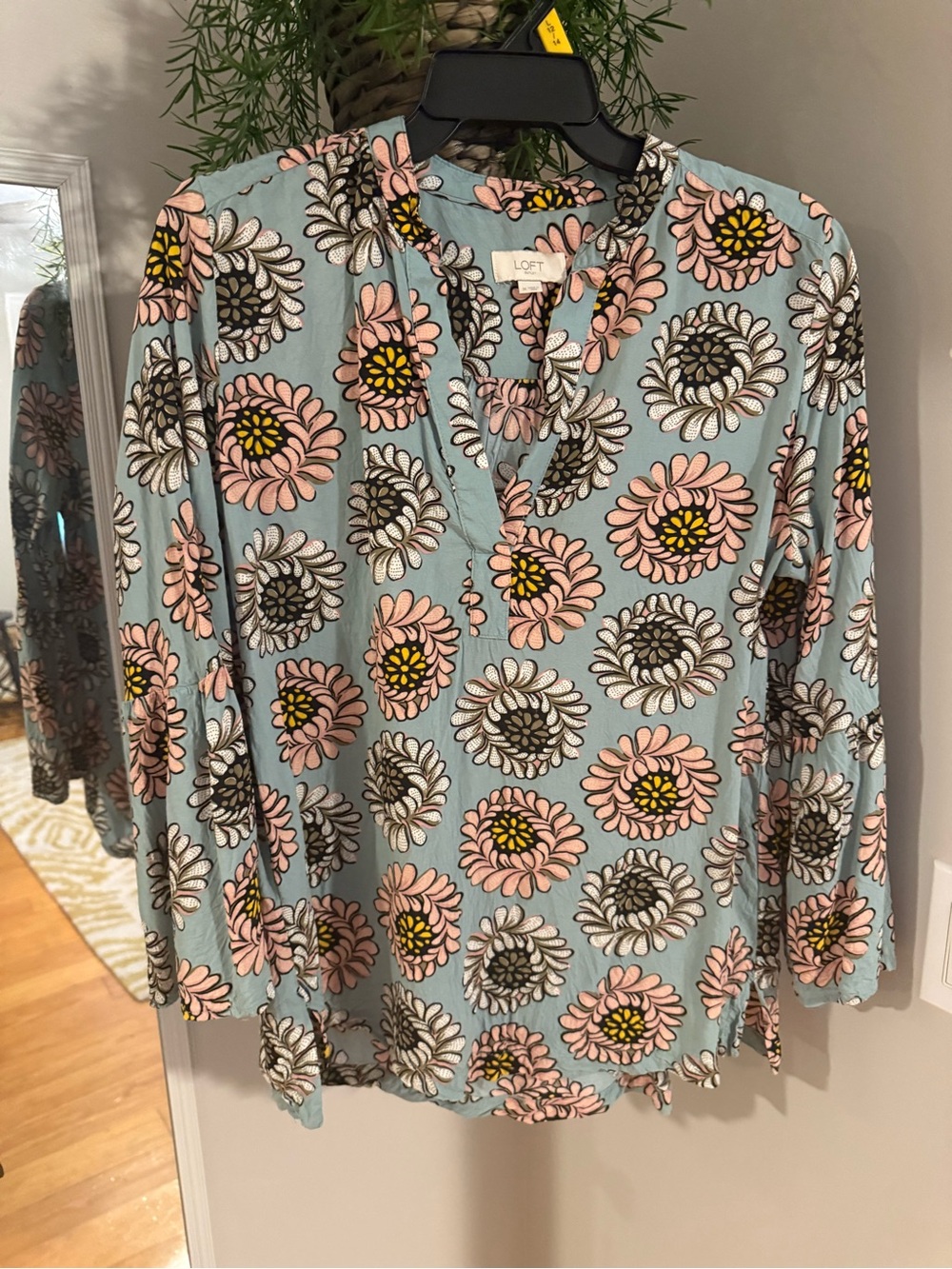 LOFT Light Blue Floral Split-Neck Blouse with Pink Accents